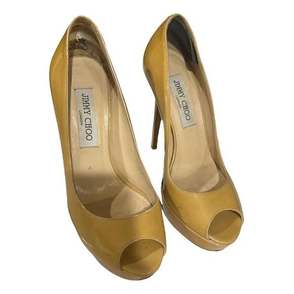Jimmy Choo Yellow Patent Leather Peep Toe Heels - Size 38.5 - Picture 1 of 6